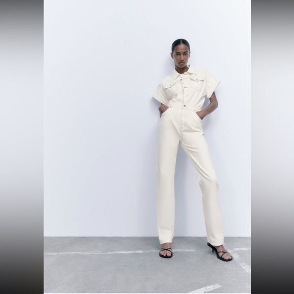 LONG DENIM JUMPSUIT - OYSTER WHITE - Picture 2 of 10